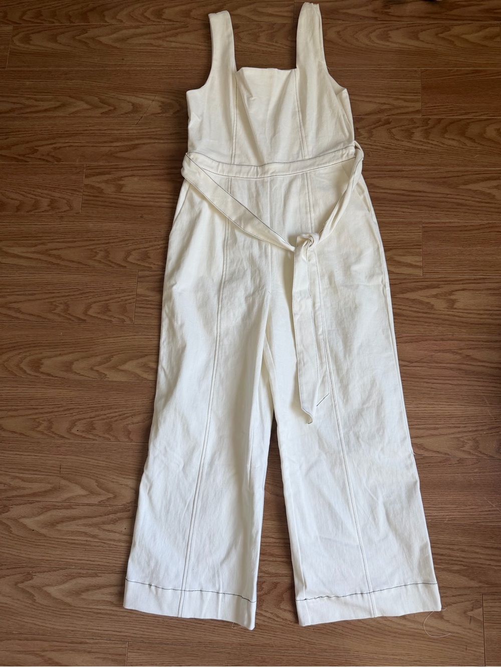 En Saison Cream Square-Neck Wide-Leg Jumpsuit with Waist Tie